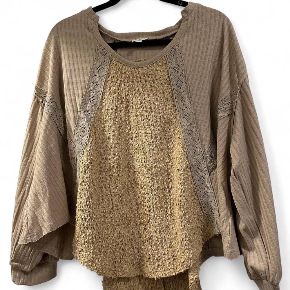 POL Mocha Beige Textured Lace Panel Boho Top Size Medium NWOT